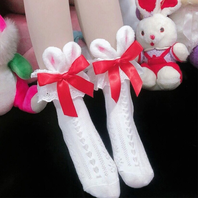 Tất Cotton Dệt Kim Đính Nơ Tai Thỏ 3D Phong Cách Lolita Cho Nữ