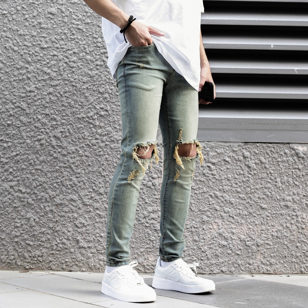 Quần Skinny Jeans Nam-Màu Xanh Bạc-Rách Gối To-Chất Liệu Cotton Co Giãn-Ống Đứng Dáng-Ống Ôm Chân Chuẩn Skinny | WebRaoVat - webraovat.net.vn