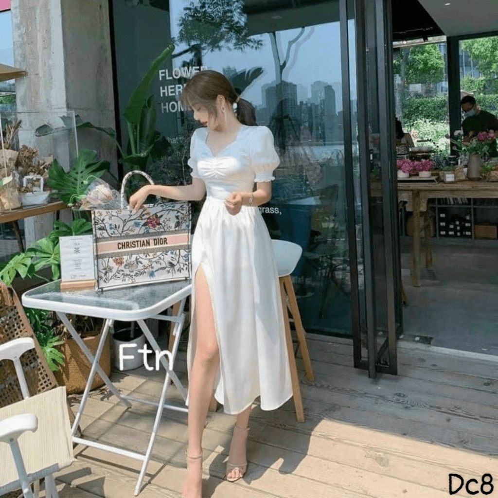 Mẫu Siêu Hot - - Đầm Phi Lụa Chẻ Váy Tay Bo Chuẩn Hàng Quảng Châu UP