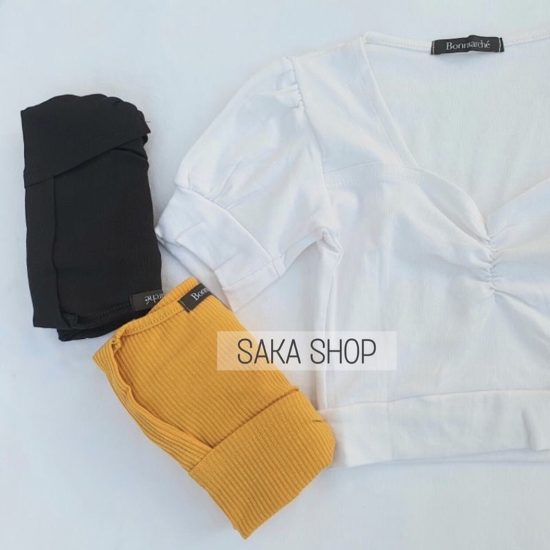 Áo croptop nữ kiểu tay ngắn nhún ngực bo eo viền tay dễ thương