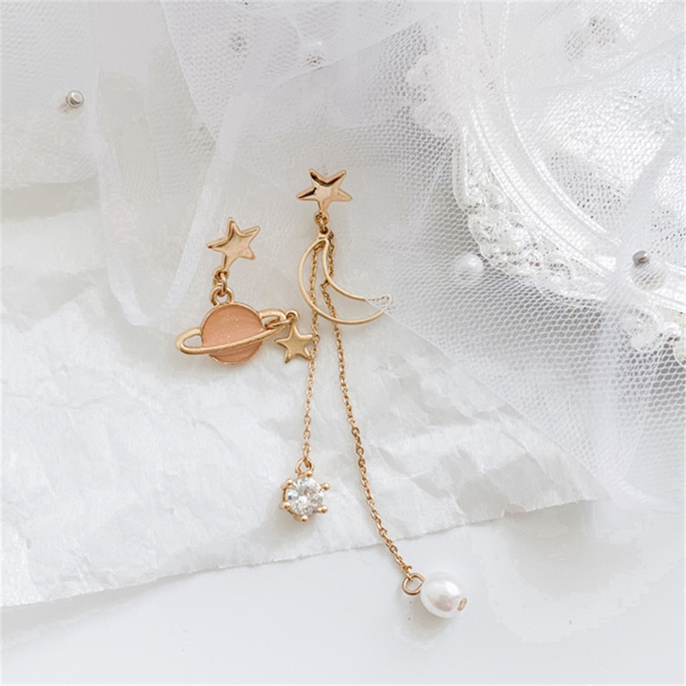 Cặp khuyên tai dáng dài dự tiệc phối tua rua bất đối xứng mặt hình sao trời phong cách Hàn Quốc