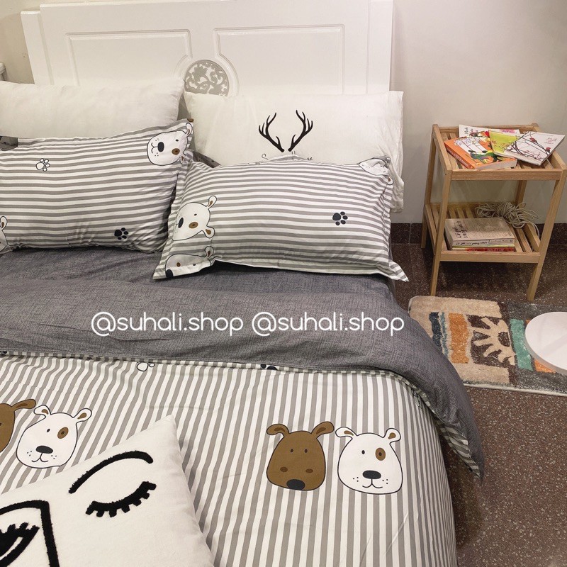 Bộ chăn ga giường cotton poly gấu kẻ xám Suhali Shop, vỏ chăn mền, drap nệm và 2 vỏ gối