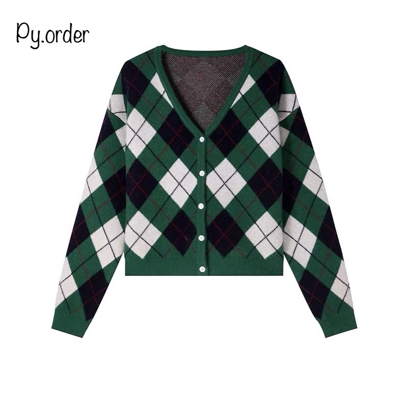 (Order)Áo khoác len sọc ca rô xanh tay dài phù hợp mùa thu đông