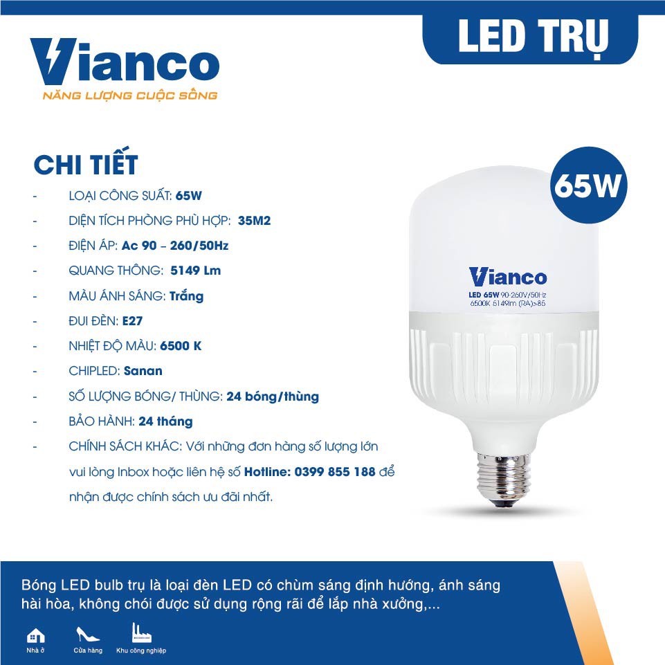Bóng Đèn Led Trụ Nhựa VIANCO Siêu Tiết Kiệm Điện Năng, Led Trụ Có Chùm Sáng Định Hướng Công Suất Lớn