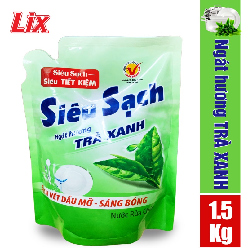 Nước rửa chén LIX 1.5KG siêu sạch hương trà xanh loại túi N8102 làm sạch vết bẩn dầu mỡ không hại da tay