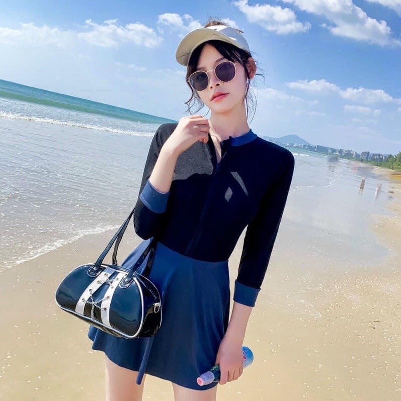 Bộ Bơi Áo Tắm Bikini Nữ Dài Tay Chân Váy Kèm Quần Kín Đáo