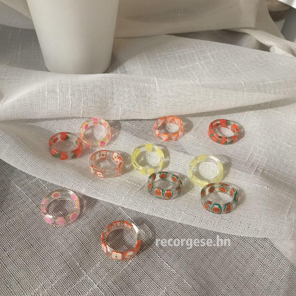 Nhẫn nhựa trong suốt họa tiết trái cây / Quả dâu / Chanh / Dưa hấu xinh xắn dễ thương