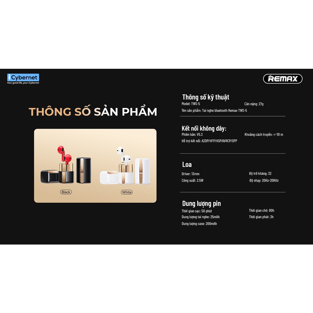 Tai nghe bluetooth Remax TWS-5 thiết kế hình thỏi son - Hàng Chính Hãng