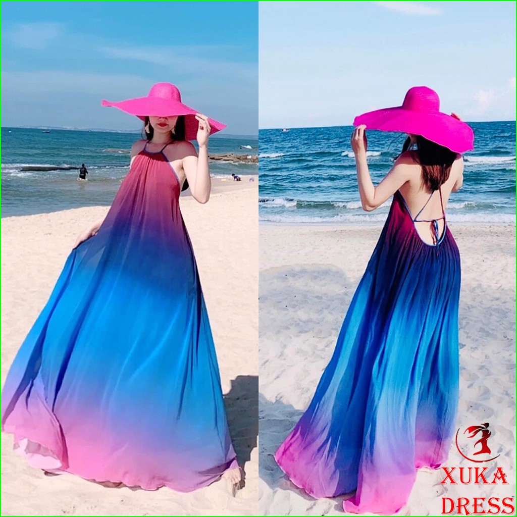 Đầm maxi đi biển loang màu cổ yếm hở vai có mút ngực thả dáng xinh đẹp phong cách thời trang XUKA-DRESS MT017