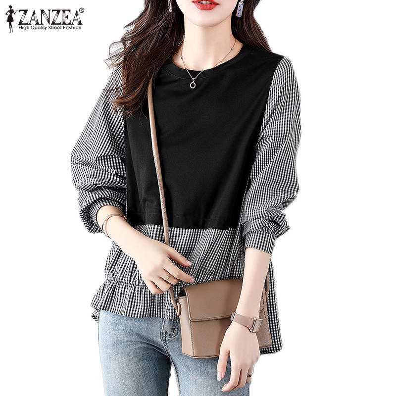 Áo ZANZEA tay dài cổ tròn họa tiết kẻ sọc retro thời trang dành cho nữ