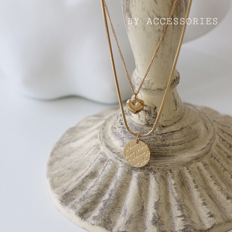 Dây chuyền titan 2 tầng trái tim và mặt tròn khắc chữ không gỉ