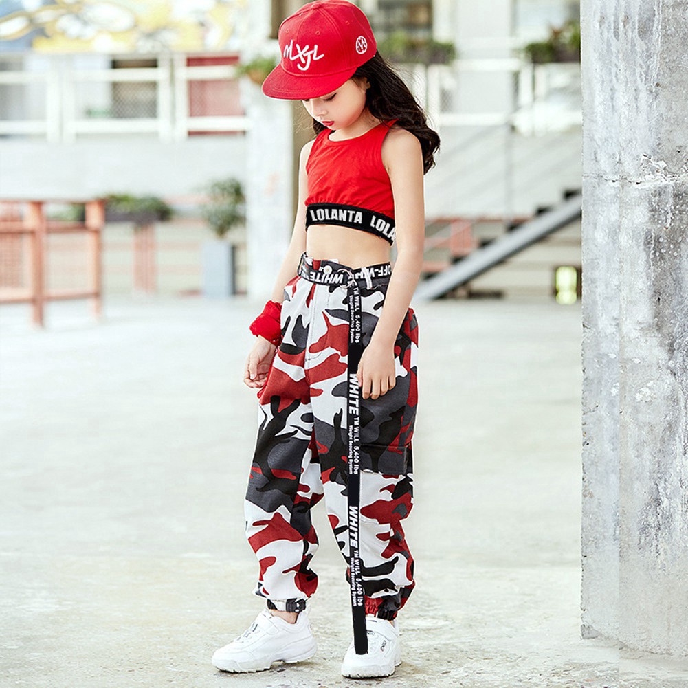 Set Áo Tank Top + Quần Dài Hoạ Tiết Lính Phong Cách Hip-Hop Cho Bé Gái