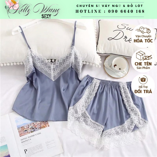 SX251 - Bộ ngủ lụa satin Phối ren KELLY WANG