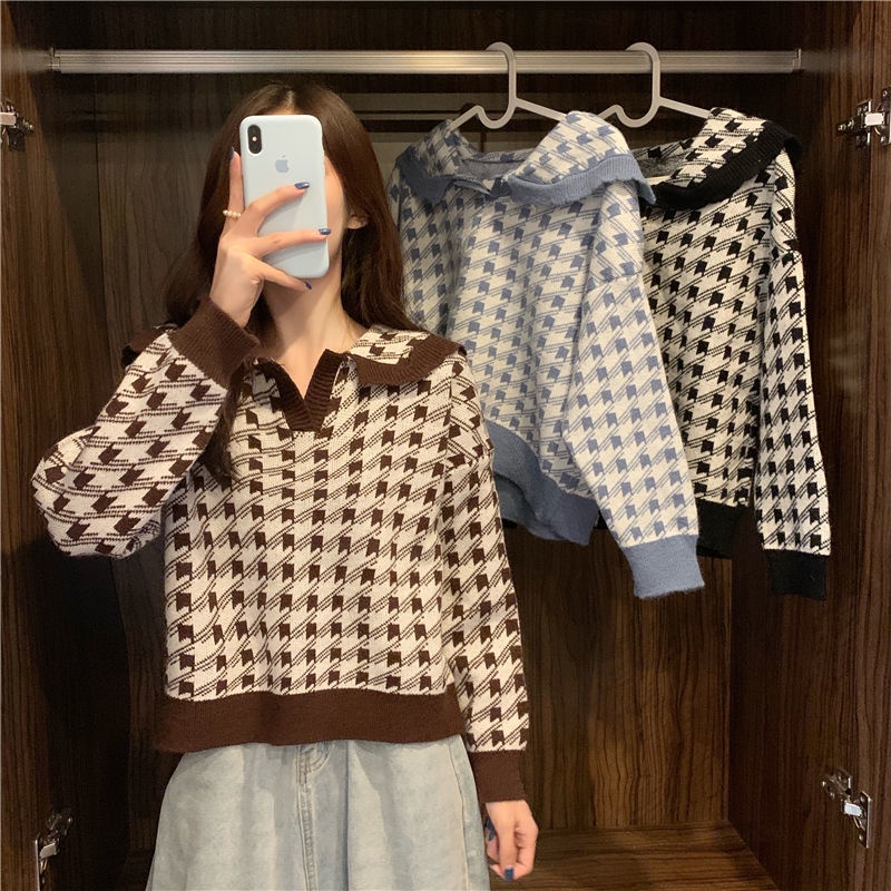 Áo dệt kim tay dài cổ búp bê dáng rộng phong cách hàn quốc