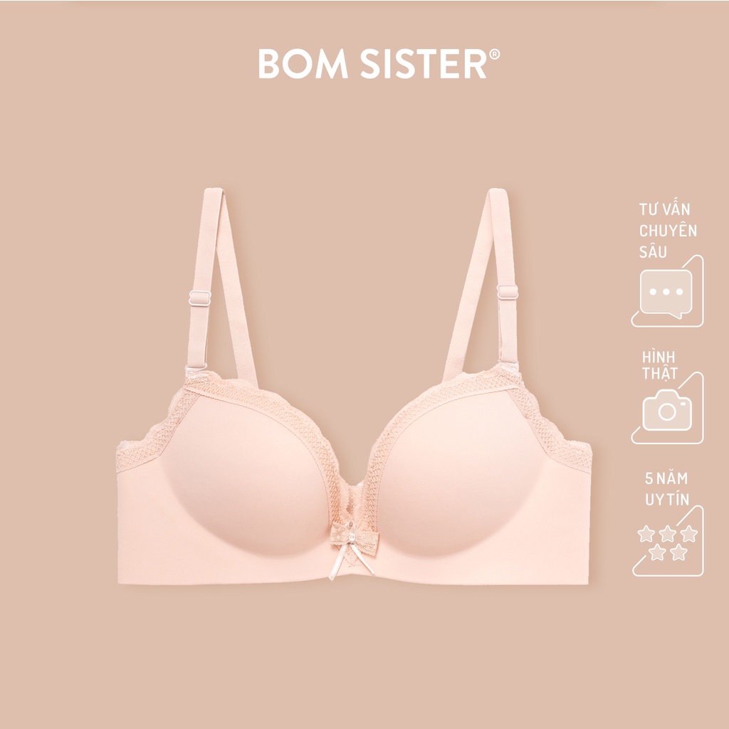 Áo lót mút vừa su đúc viền ren không gọng màu trơn đính nơ nâng ngực tự nhiên BOM SISTER A6442