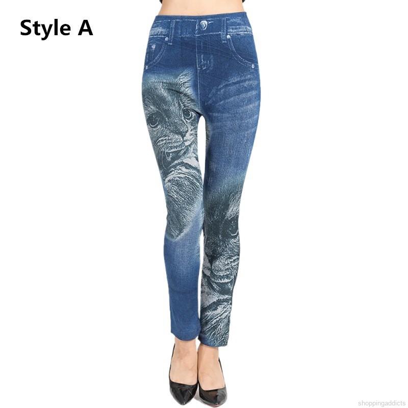 Quần legging nữ bằng vải denim có túi in ảnh chú mèo đáng yêu