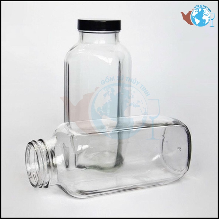 Chai Thủy Tinh Vuông 500ml Nắp Nhựa chai thuỷ tinh lớn đựng các loại nước ép, detox, sinh tố, trà sữa