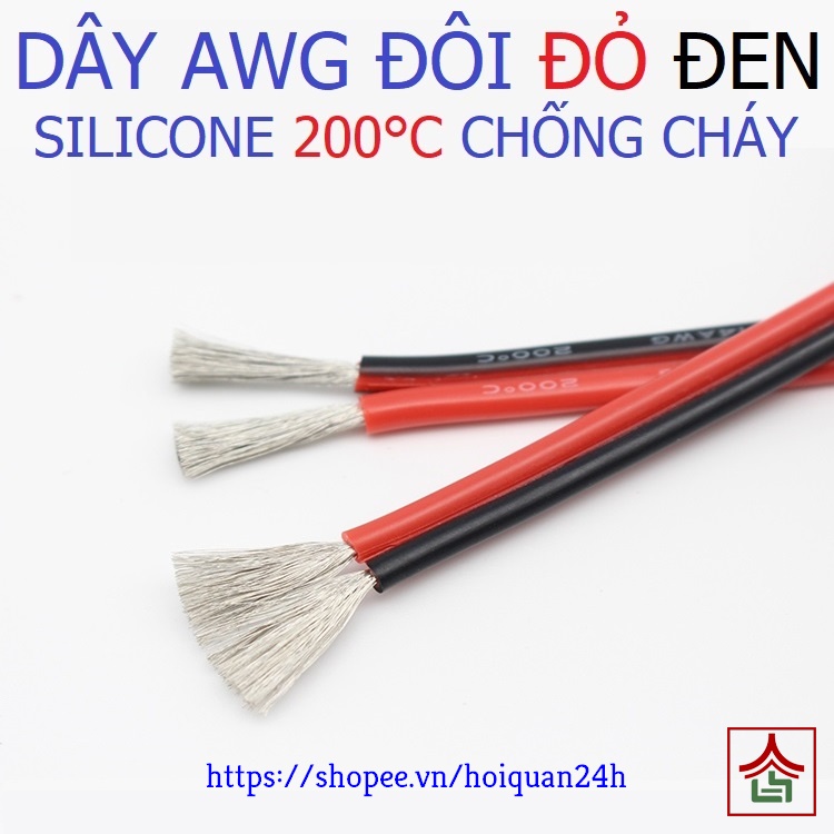 Dây Điện AWG Đôi Đỏ Đen Vỏ Silicone Chịu Nhiệt 200°C Chống Cháy