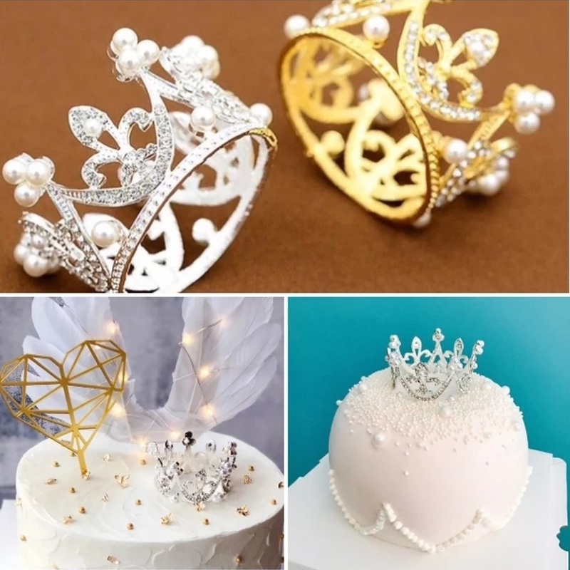 Phụ Kiện Cắm Trang Trí Bánh Kem Hình Vương Miện Đính Ngọc Trai Mini DIY