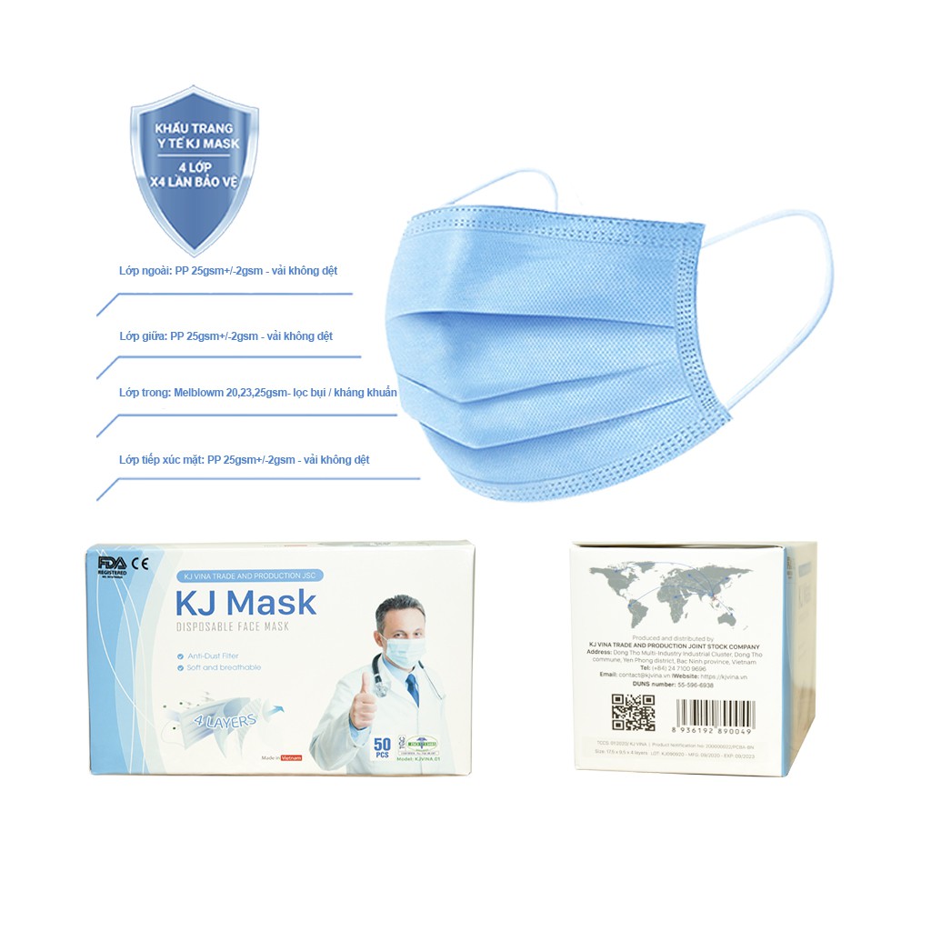 Khẩu trang y tế KJ MASK 4 lớp có giấy kháng khuẩn (Hộp 10, 50)