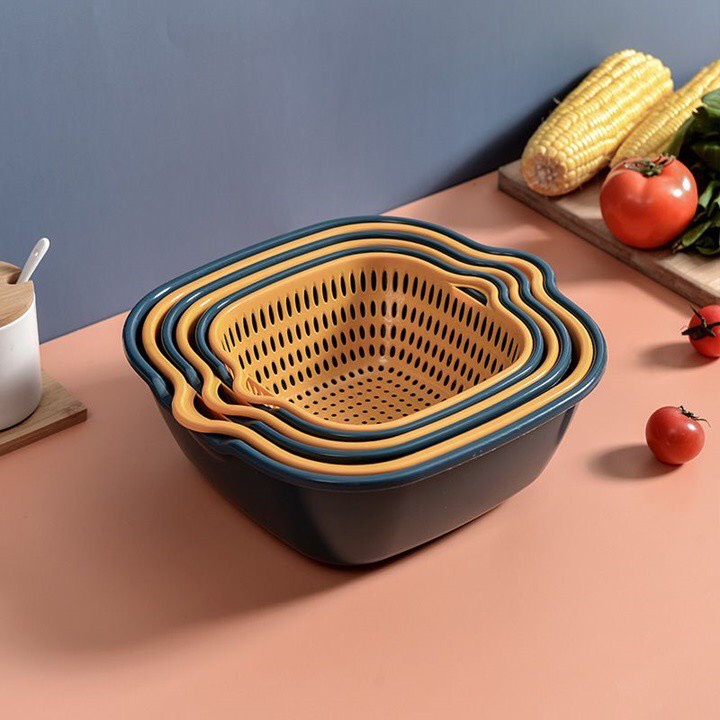 Bộ Chậu rửa kèm Rổ 6 món  Hai Lớp Cao Cấp Tiện Lợi, Đựng Rau, Hoa Quả