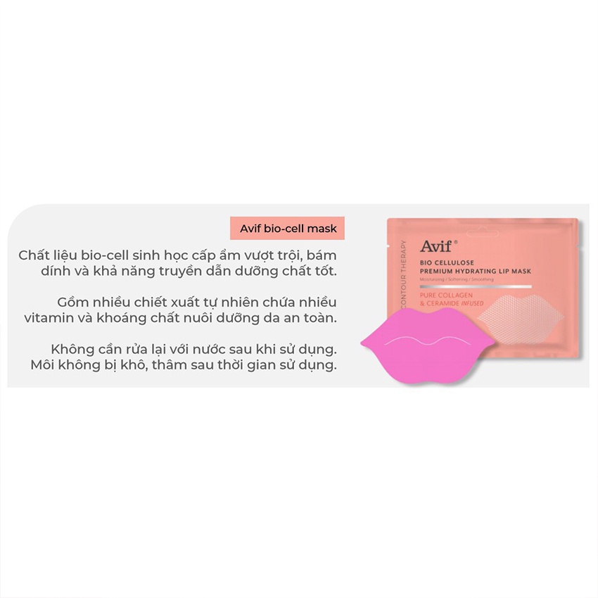 Mặt nạ môi collagen tươi dưỡng môi AVIF Bio Cellulose Premium Hydrating Lip Sleeping Mask 5g cấp ẩm làm hồng chống nẻ