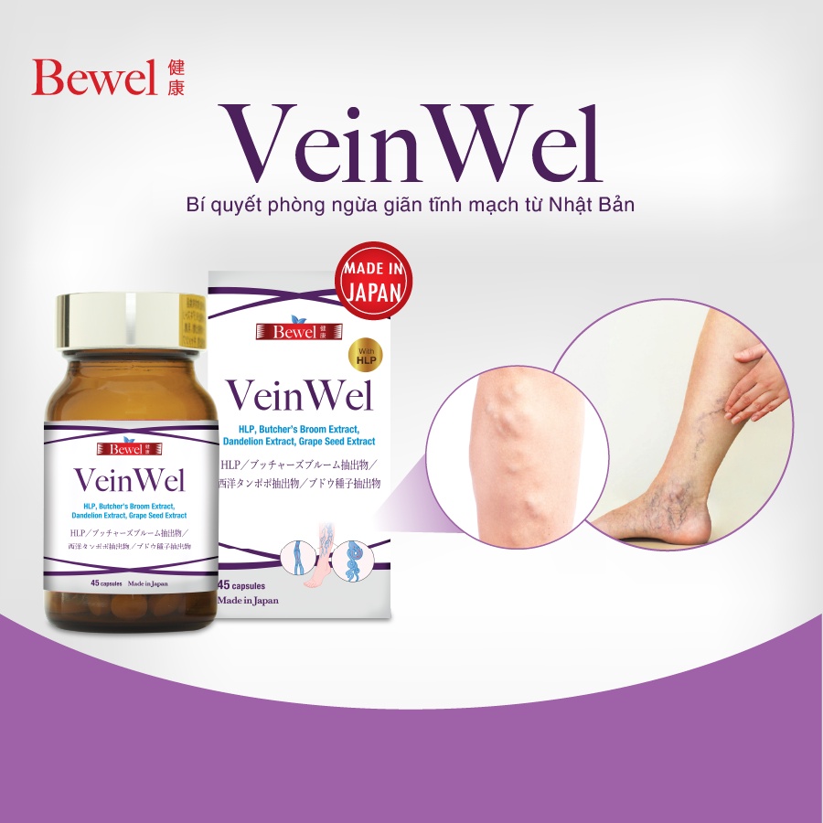Viên Uống Suy Giãn Tĩnh Mạch Bewel Veinwel Giúp Giảm Các Triệu Chứng Suy Giãn Tĩnh Mạch (Hộp 45 Viên)