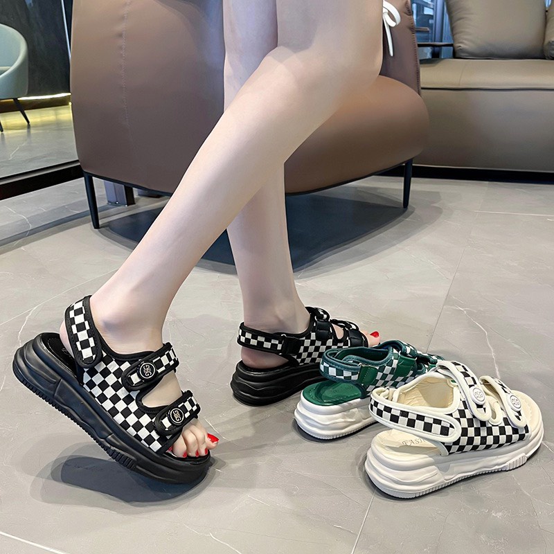 XẢ KHO (50) Sandal nữ quai kẻ caro đế 4 phân gợn sóng hàng QC (Mã 2201 - sandal)