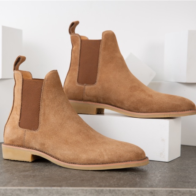 Giày Da Nam Chelsea Boot Cao Cổ Da Lộn Màu Nâu Thời Trang