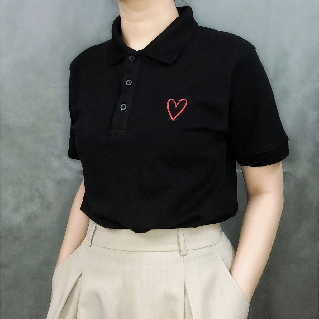 Áo thun Polo Unisex cá sấu 4 chiều - Thêu Trái Tim