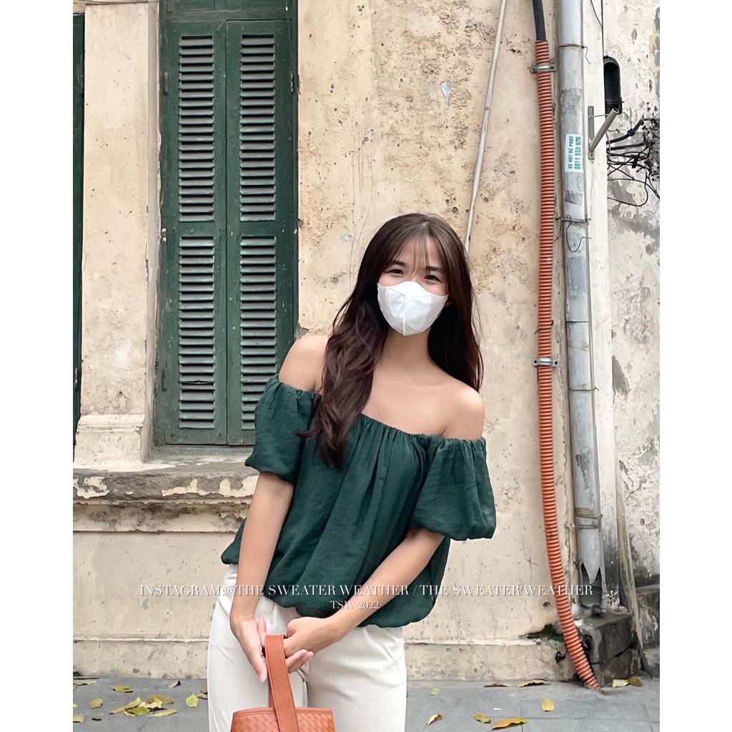 (Ảnh thật) Áo trễ vai voan tơ 2 lớp dáng lửng bo chun the.sweaterweather TSW