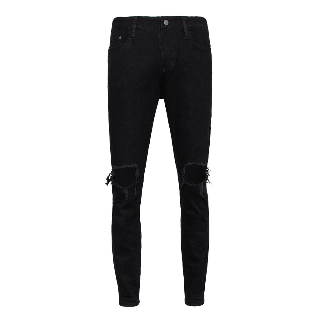 Quần Skinny Jeans Nam-Màu Đen-Rách Gối To-Chất Liệu Cotton Co Giãn-Ống Đứng Dáng-Ống Ôm Chân Chuẩn Skinny