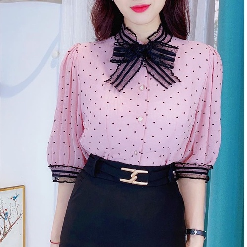Áo sơ mi chấm bi vải tằm gãy tay phồng CHUU A5219