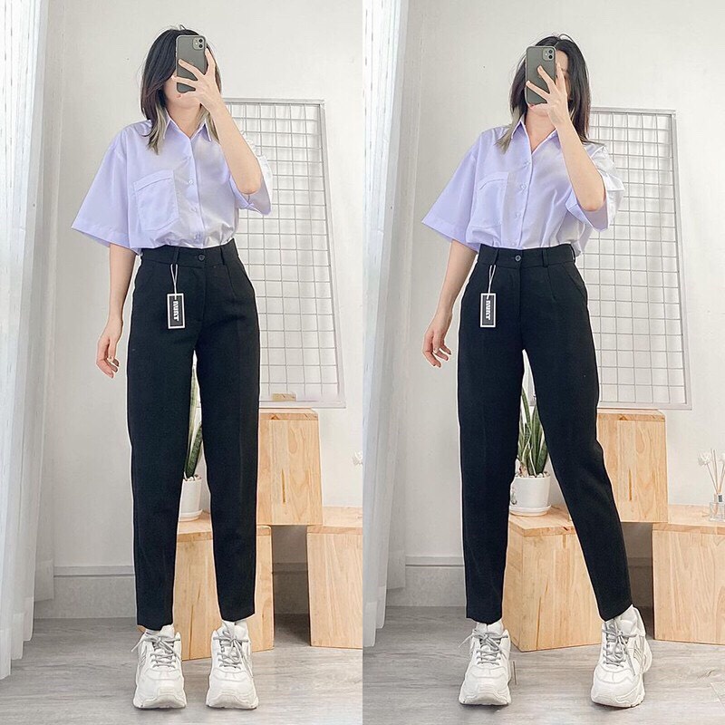 Quần tây nữ lưng cao đi học làm công sở dáng dài ống đứng vải dày mền màu xanh đen dáng baggy nữ cạp cao công sở đi học