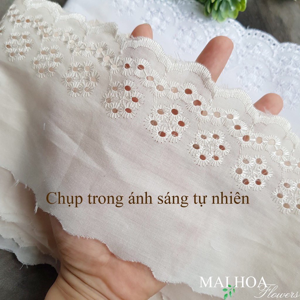 Dây vải REN thô boi màu da, bản to 10cm, thêu chùm hoa, dùng may gấu áo, tay áo, cổ áo