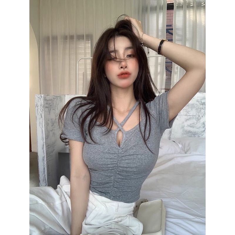 Áo thun croptop nữ cộc tay ĐAN DÂY CHÉO ngực hở eo đen trắng ghi freesize phom ôm body tôn dáng sexy