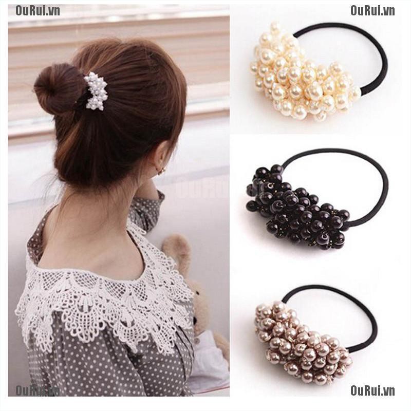 Bộ 2 Dây Buộc Tóc Cao Su Co Giãn Đính Ngọc Trai Xinh Xắn Cho Nữ