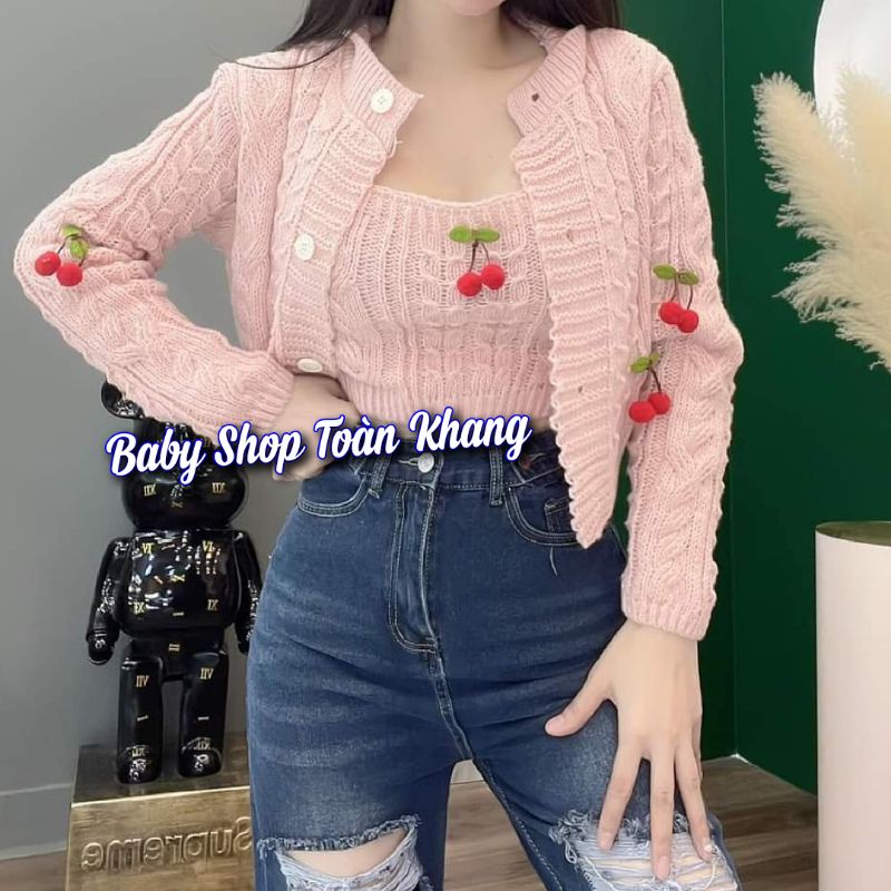 💥NGUYÊN SET ÁO 2 DÂY CROPTOP KÈM ÁO KHOÁC LEN MÙA ĐÔNG