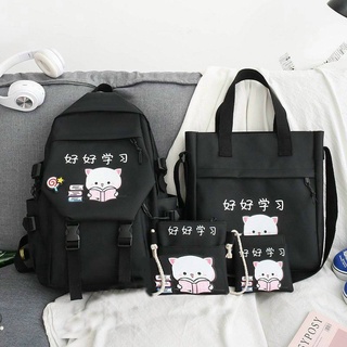 Balo 4 món thời trang ulzzang combo Mèo yêu sách, Set balo 4 món đi học, balo 4 món