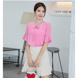 ÁO SƠ MI TAY NGẮN LOE CỔ TRÒN DÂY NƠ - MÃ SSL1216