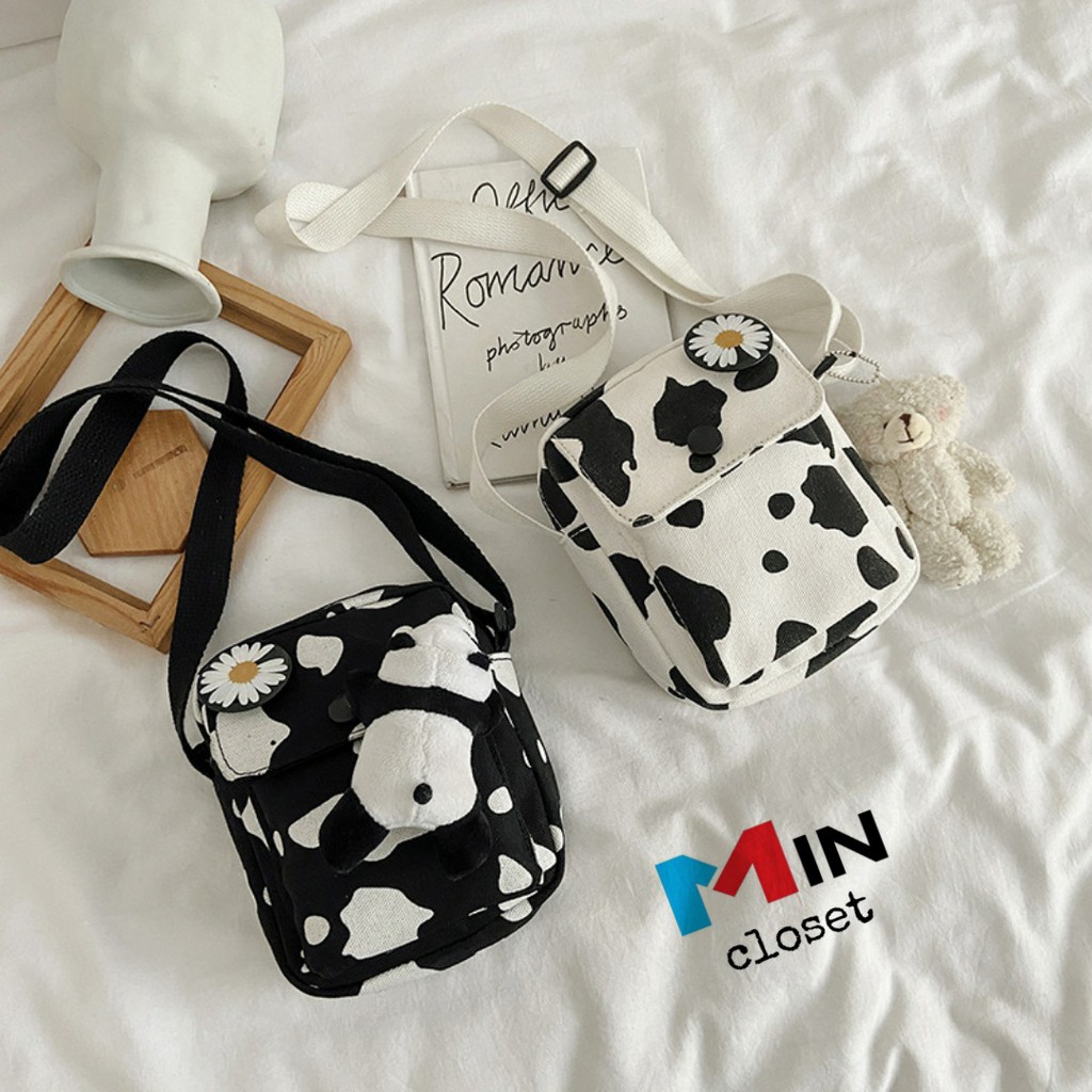 𝑭𝑹𝑬𝑬𝑺𝑯𝑰𝑷 + TẶNG GHIM HOA CÚC  Túi đeo chéo - Túi vải Họa Tiết Bò Sữa Phong Cách Hàn Quốc TV16