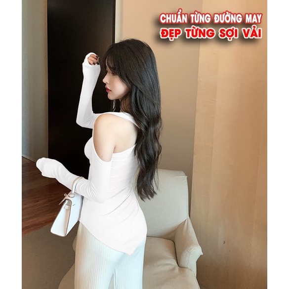 Áo thun nữ vạt nhọn ôm trễ vai tay dài nữ, áo phông body sang chảnh màu đen trắng be