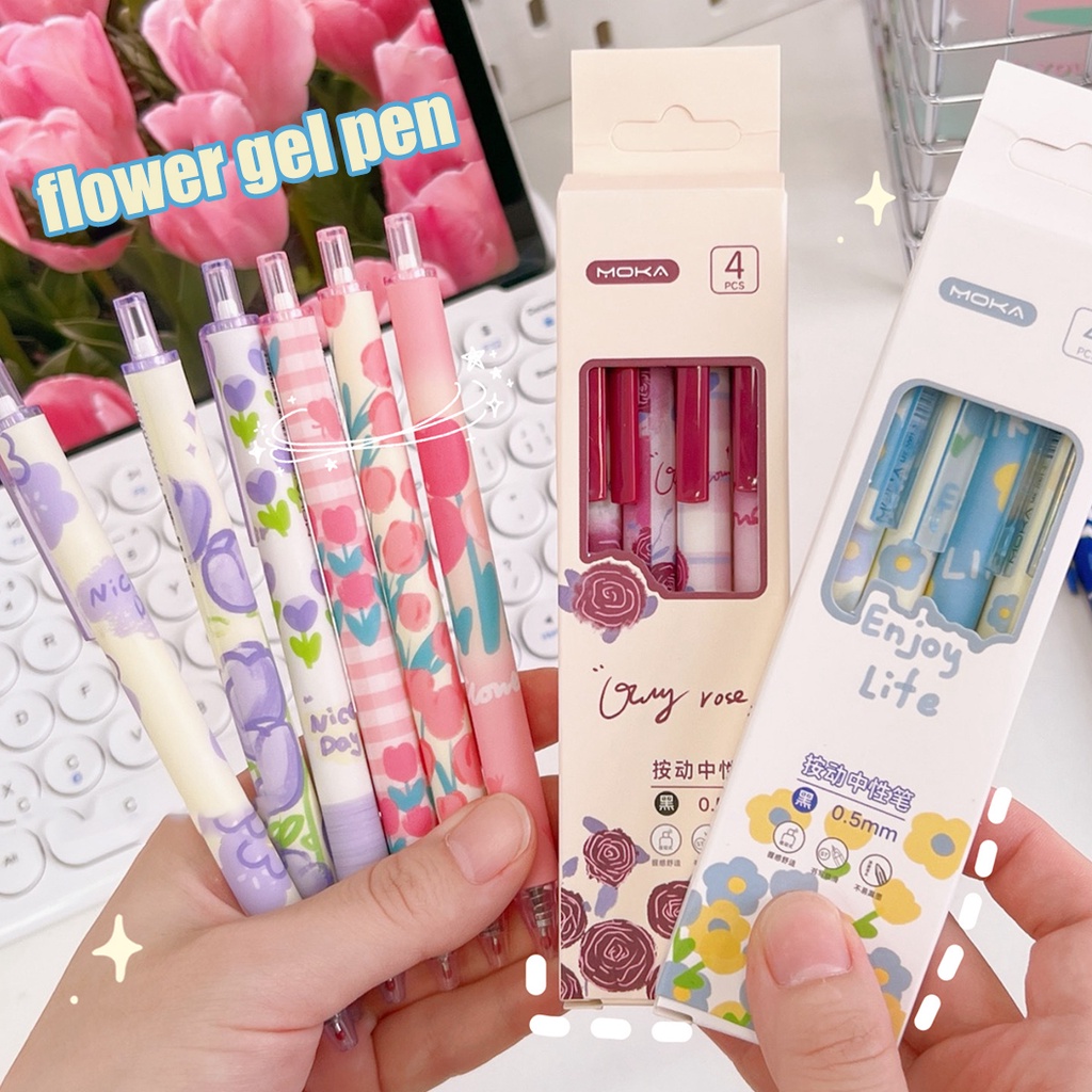 4 Bút Mực Gel Ngòi 0.5mm In Hình Hoa Hồng Xinh Xắn