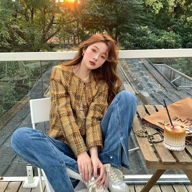Aó khoác dạ tweed nữ màu nâu vàng thu đông phong cách hàn quốc
