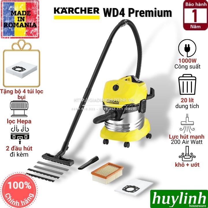 Máy hút bụi khô và ướt Karcher WD4 Premium - Tặng 4 túi lọc bụi - Made in Romania