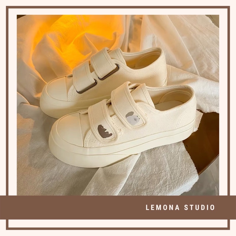 Giày Sneaker Đế Bánh Mì In Gấu Độn Đế Quai Dán Dễ Thương Giày Đi Học