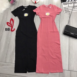 Đầm thun ôm body thêu hoa cúc