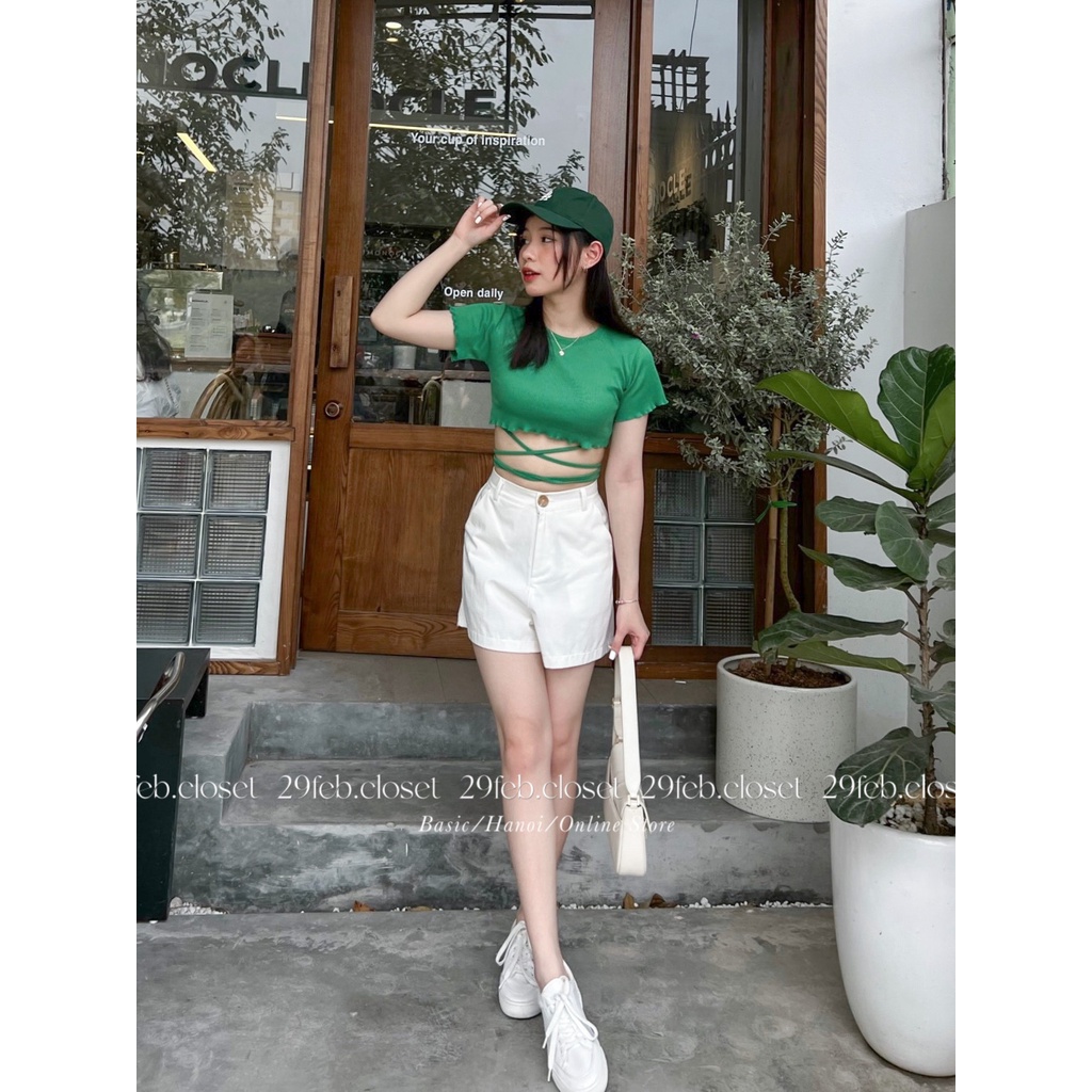 [Ảnh thật/Video] Áo thun gân croptop đan dây lưng - 29feb.closet - A52