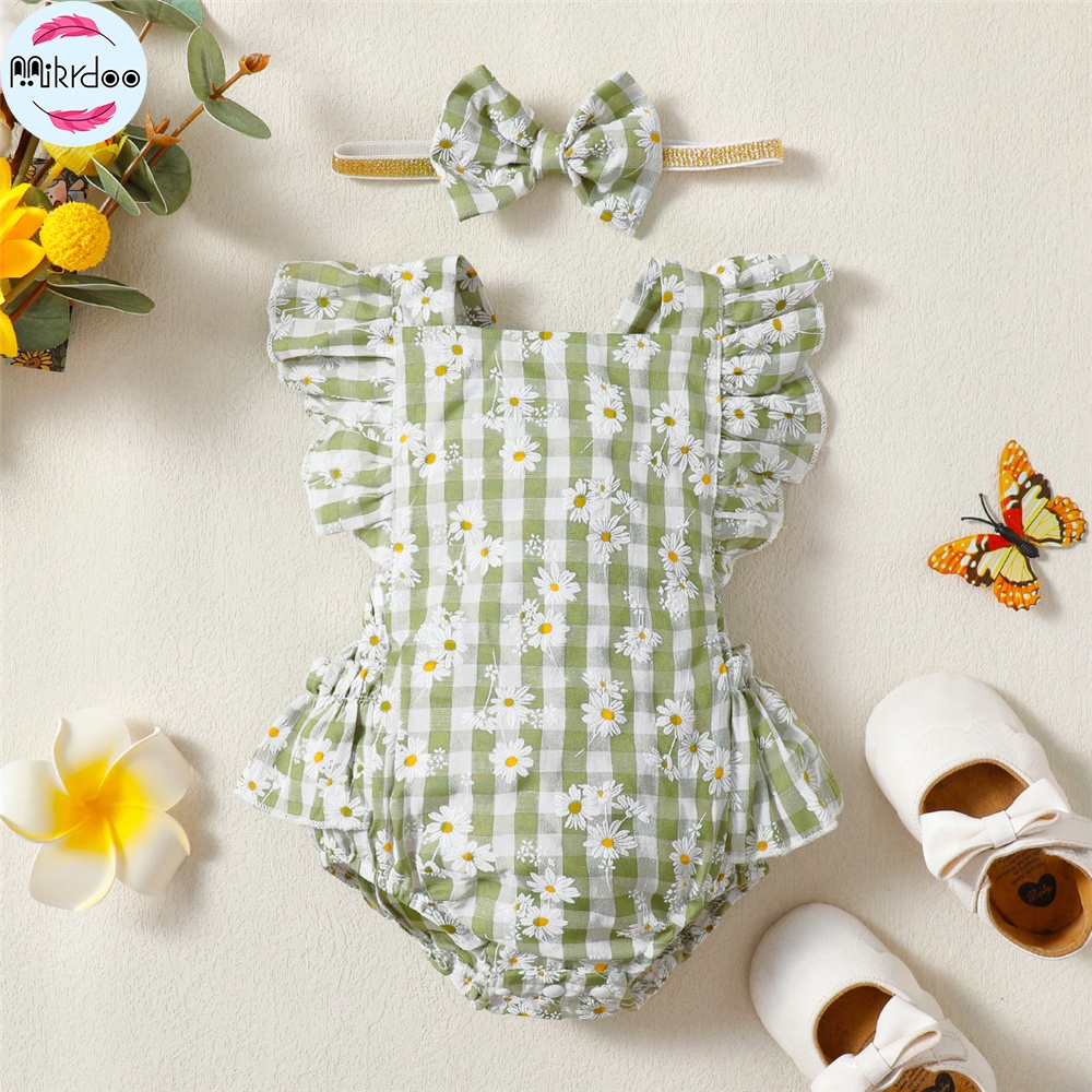 Áo liền quần MIKRDOO tay cánh tiên in họa tiết caro kèm băng đô cài tóc xinh xắn cho bé gái 0-18 tháng tuổi