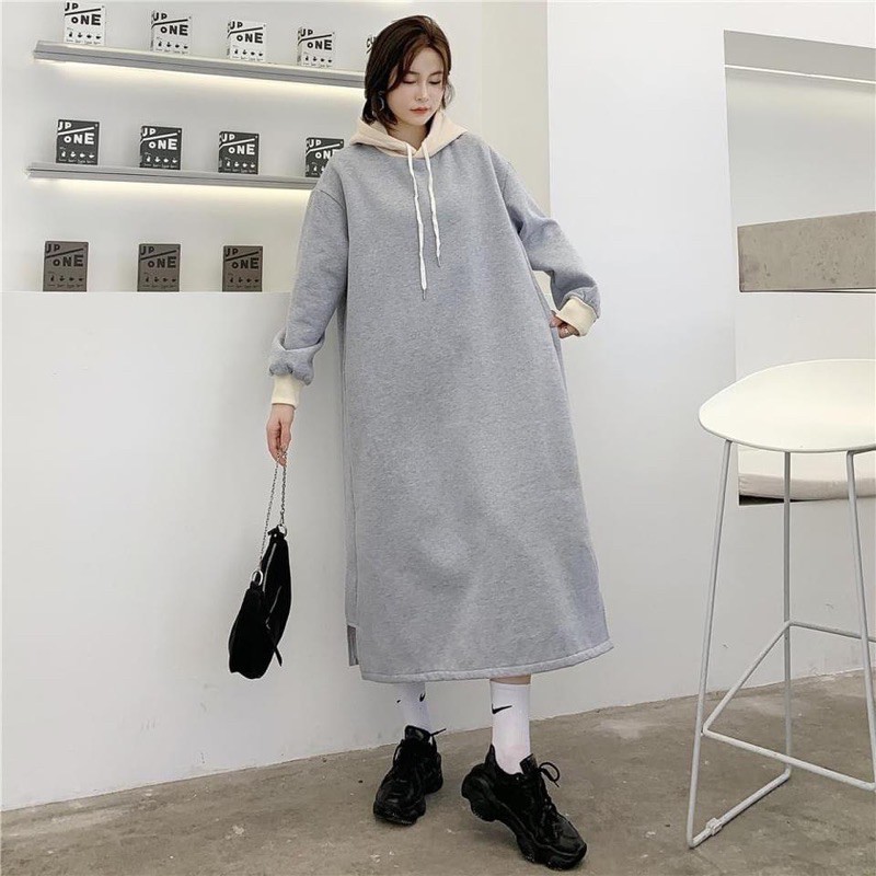 ( VÁY HOODIE OVERSIZE - SẴN ) Váy nỉ Ullzang tay bồng có mũ siêu ấm.